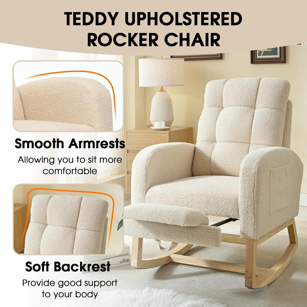 Modern Nursery Rocking Chair, Teddy Upholstered Rocking Chair with Footrest, Comfortable Rocker Glider with Side