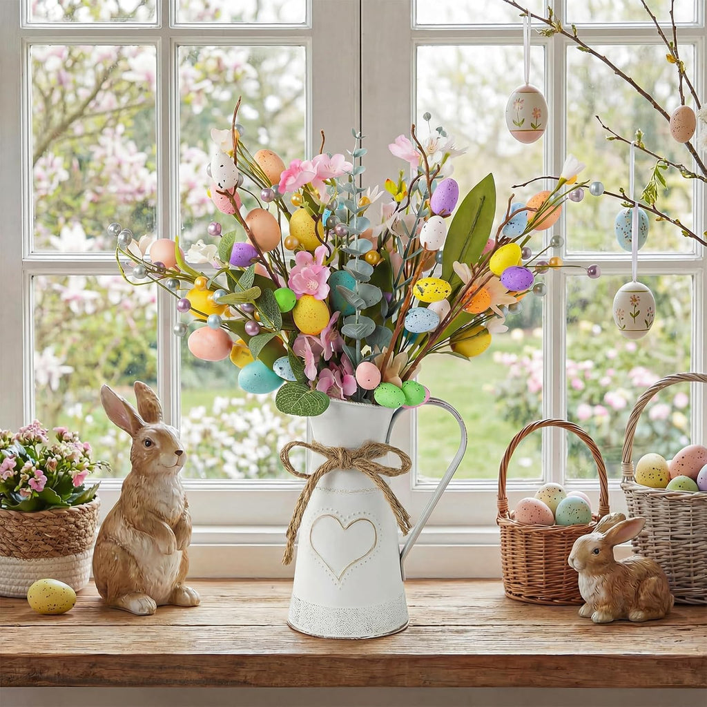 Easter Decorations: Rustic Easter Flowers Artificial Easter Eggs with Metal Pitcher Vase, Table Centerpieces Floral - Set of 17