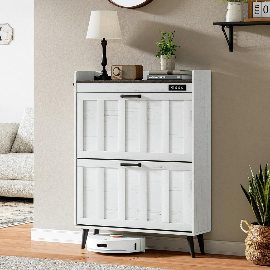 Shoe Storage Cabinet with 2 Flip Drawers, Deodorizing Shoe Organizer Storage , Freestanding Hidden Slim Narrow Shoe