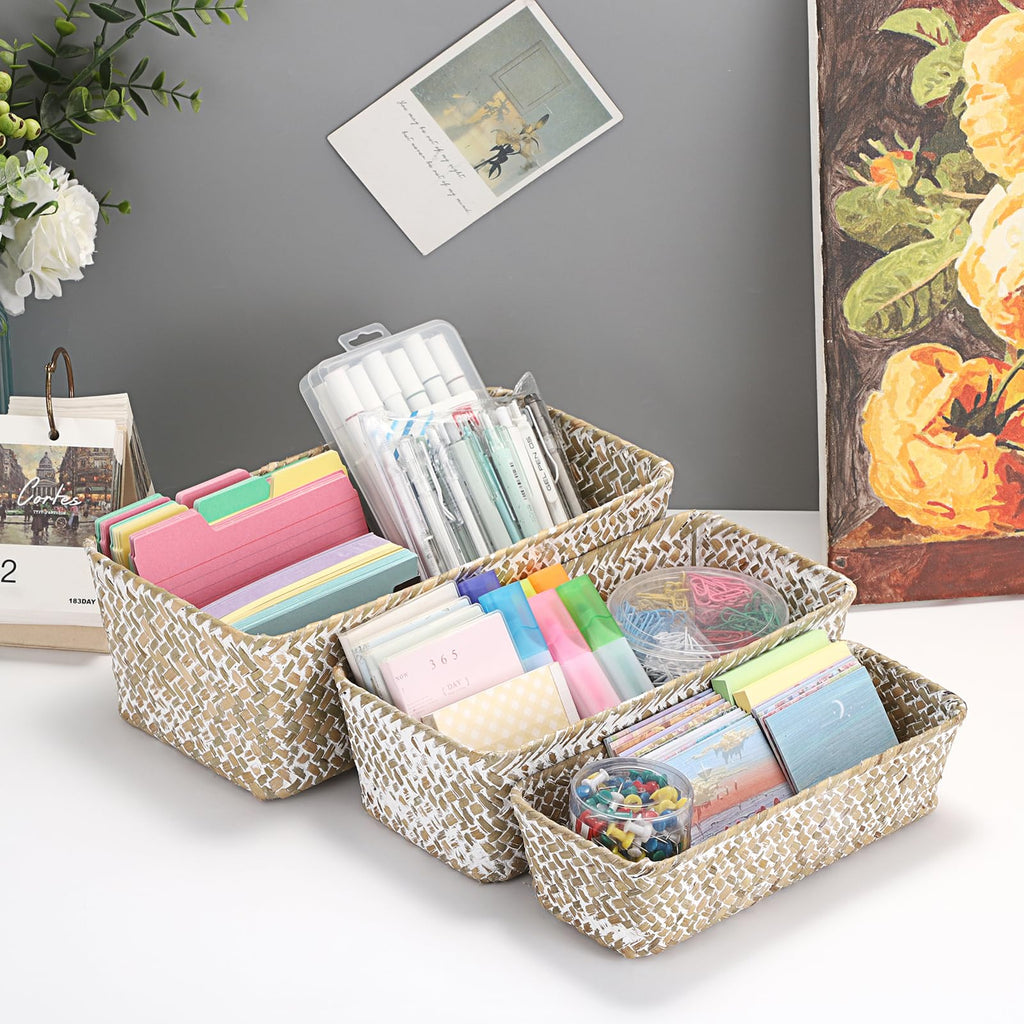 3 Natural Wicker Basket Set Rectangular Seagrass Basket, White Washed