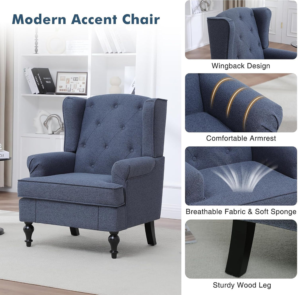 Accent Chair Set of 2, Mid Century Modern Fabric Wingback Chair, Upholstered Armchair with High Back and Vintage