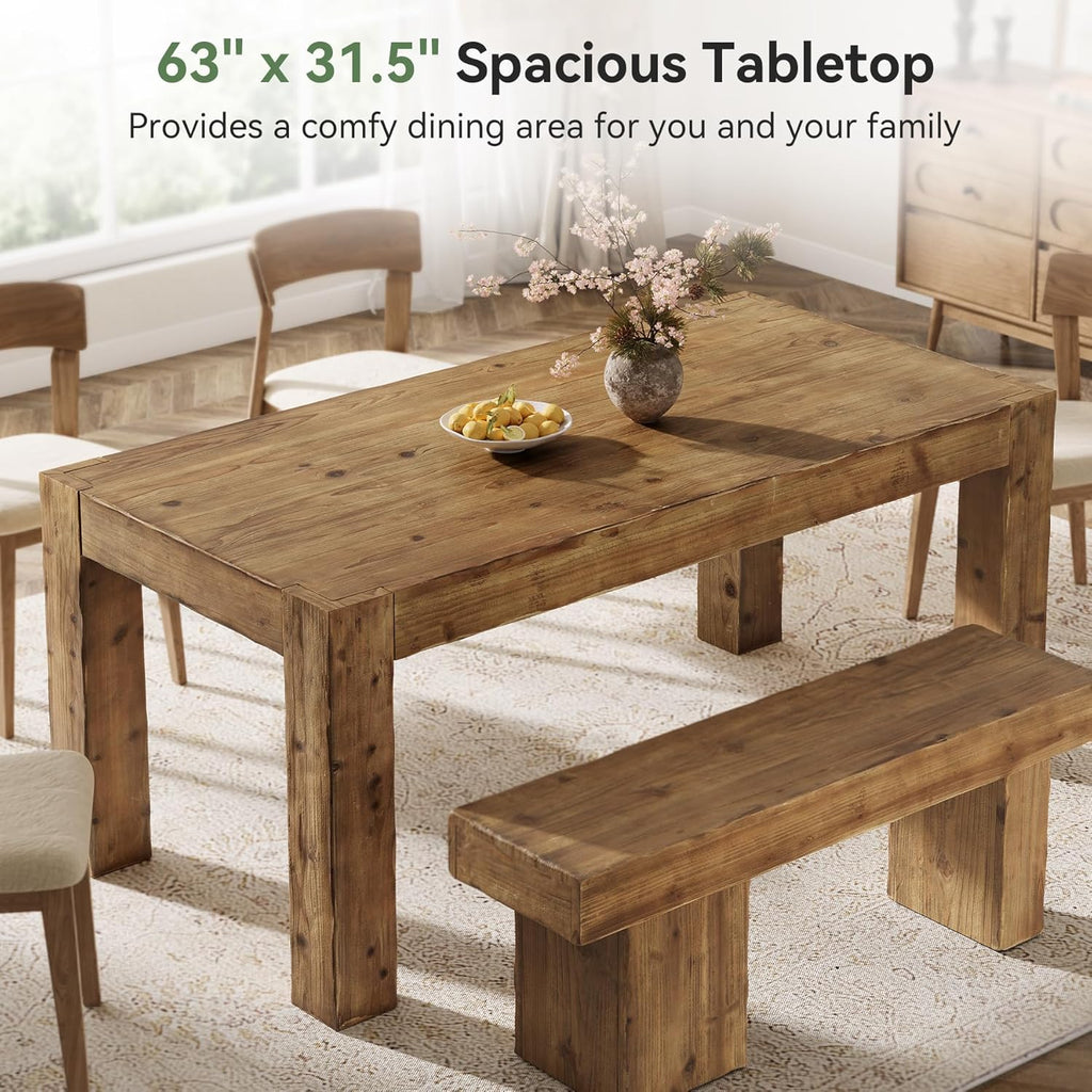 Solid Wood Dining Table for 6, 63-Inch Farmhouse Kitchen Table with Heavy Duty Legs, Rectangular Wood Dinner Table
