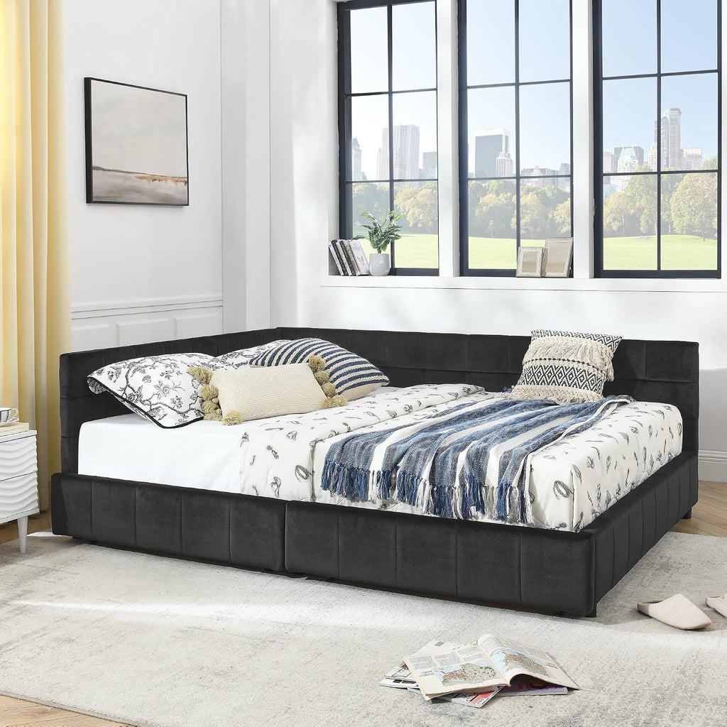 Queen Size Daybed with Storage Drawers, Upholstered Corner Bed with L Shaped Headboard, Velvet Daybed Frame Guest