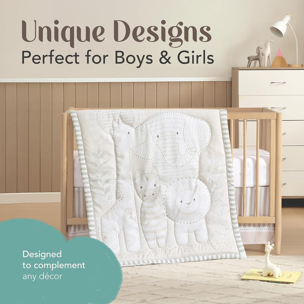 3-Piece Crib Bedding Set for Boys & Girls - Reversible Quilt, Fitted Sheet, Crib Skirt - Soft, Breathable & Durable