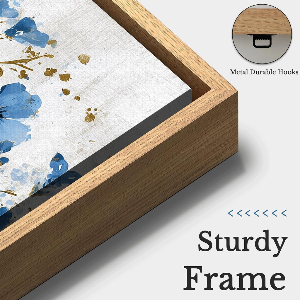 Floral Canvas Wall Art Blue & Gold Framed Flower Print Ready to Hang Modern Boho Decor Bedroom Dining Room