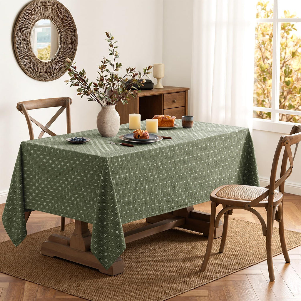 Olive Green Linen Table Cloth Rectangle Tablecloth Waterproof Spring Spillproof Cross-Star Textured 