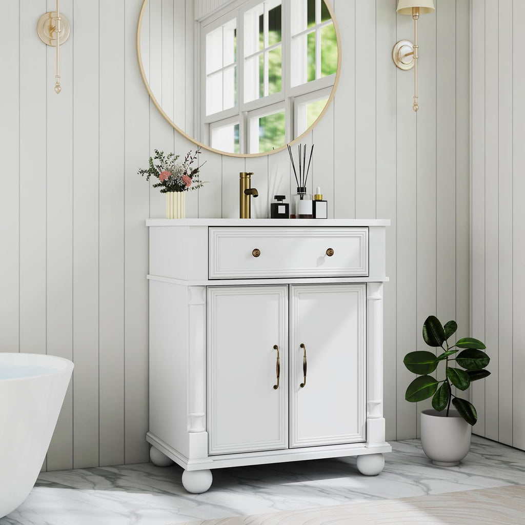 28" Mid-Century Bathroom Vanity with Sink - Green Solid Wood with Roman Column Base