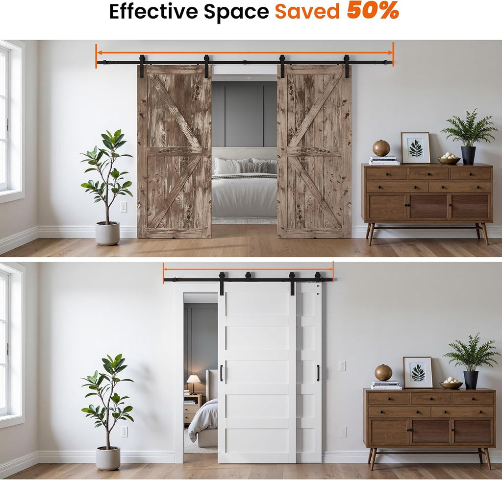36x84 Inch White Double Barn Door Set - 5-Panel MDF Sliding Doors with 6FT Bypass Barn Door Hardware
