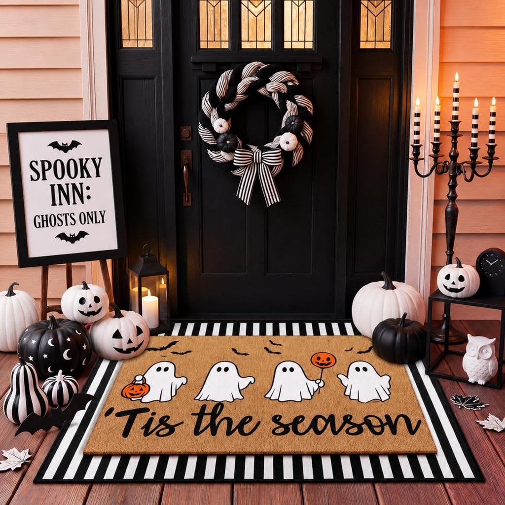 2 Pcs Halloween Layered Doormat Set for Front Porch, Cute Ghost | Tis the Season Ghost Pumpkin Mat with Black White