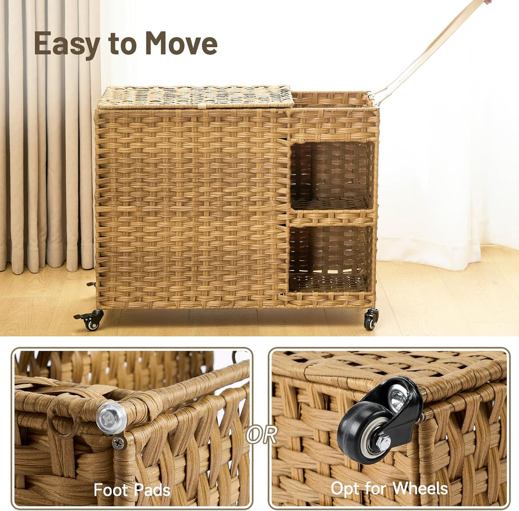 Laundry Hamper with Wheels, 42.3 Gal.(160 L) Laundry Sorter with Shelves, Rattan Clothes Hamper with 4 Removable