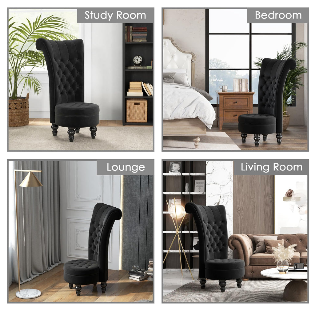 MU High Back Throne Royal Velvet Accent Armless Chair with Storage, Black