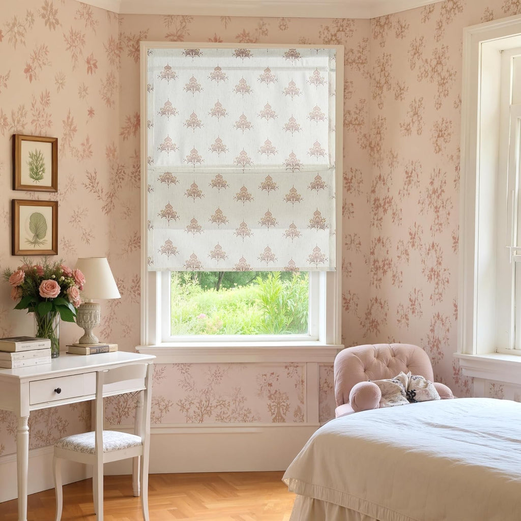 Cordless Floral Roman Shades for Windows, Magnetic Linen Textured Light Filtering Blind Vintage Elegant Print Window