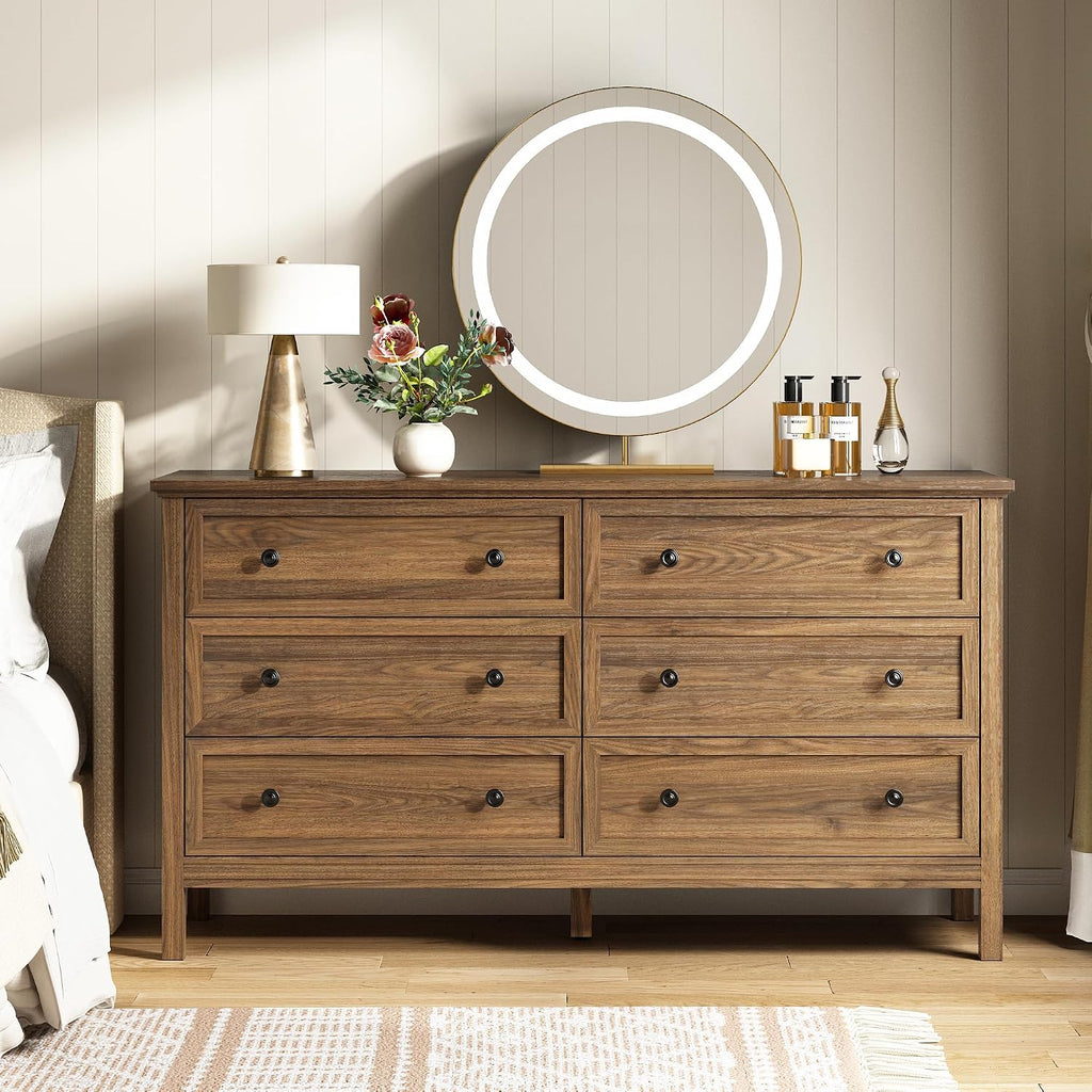 55'' Walnut Dresser with 6 Drawers , Wood Dresser Natural Modern Chest of Drawer with Handles Solid Wood Legs, Large