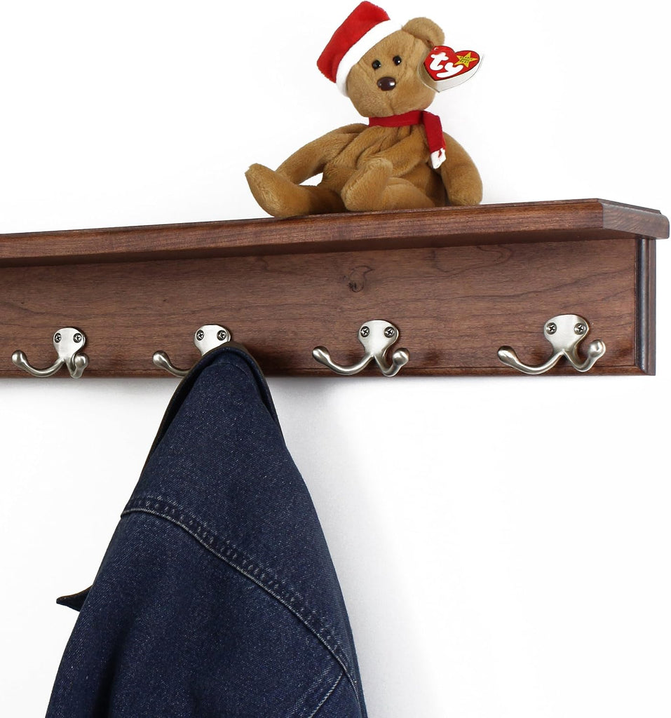 Solid Cherry Shelf Coat Rack with Satin Nickel Double Style Hooks (Mahogany, 53" with 10 Hooks)