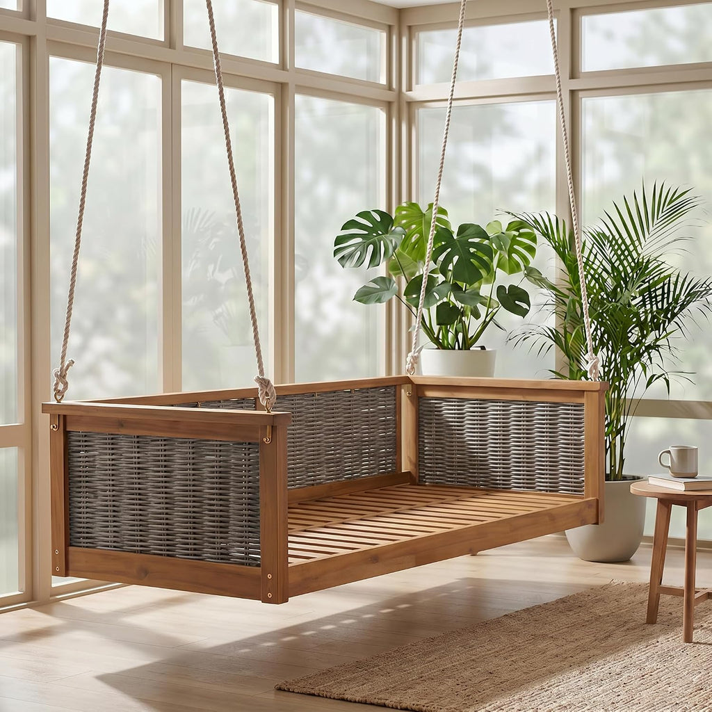 Twin Size Outdoor Porch Swing Bed, Solid Wood Rattan Swing Daybed Frame with Long Ropes , Poolside, Backyard, Teak