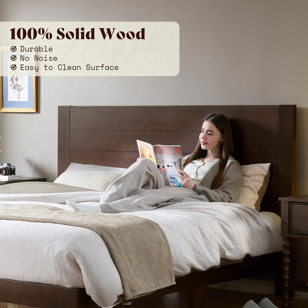 Queen Bed Frame with 48" Tall Headboard, Mid Century Modern Solid Wood Platform Bed with Silent Wood Slat System, No