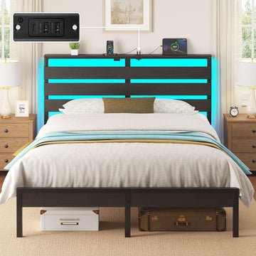 Full Bed Frame with USB Charging Station, LED Bed Frame with Wood Storage Headboard