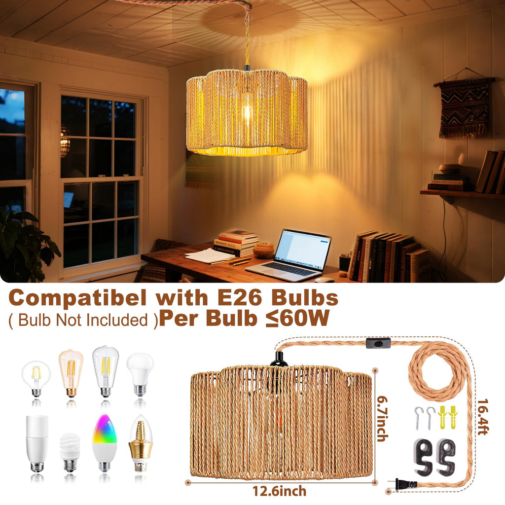 Hanging Lamps Rattan Pendant Light Hanging Lights 16.4ft Plug in Cord Pendant Light Fixture Plug Into Wall Outlet