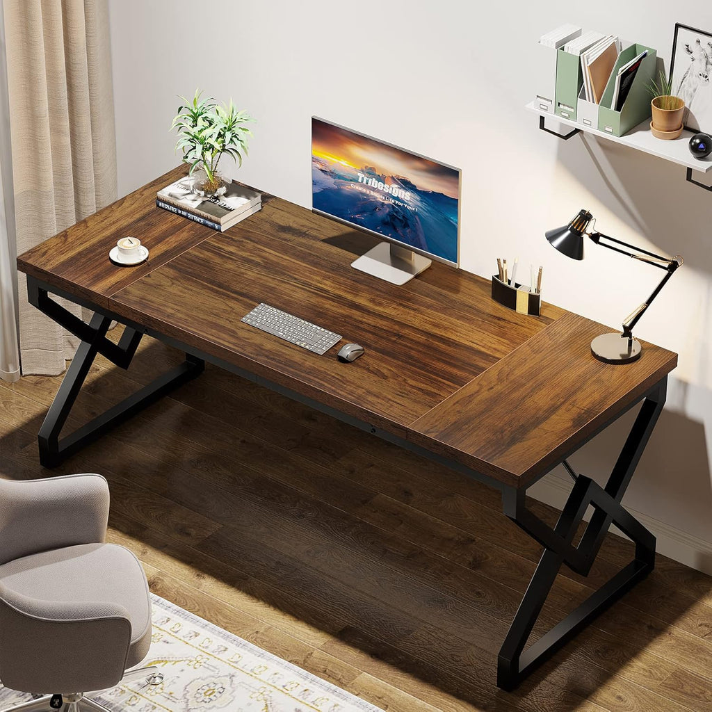 63-inch Executive Desk, Large Office Computer Desk with Extra Thick Wooden Tabletop and Metal Frame