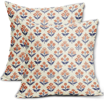 Navy Blue Orange Floral Block Print Pillow Covers 18x18 Inch Set of 2, Fall Vintage Flower Pattern Decorative Throw