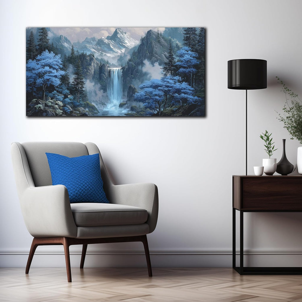 Blue Tree Forest Waterfall Wall Art Nature Landscape Canvas Print Painting Modern Home Office Living Room Decor