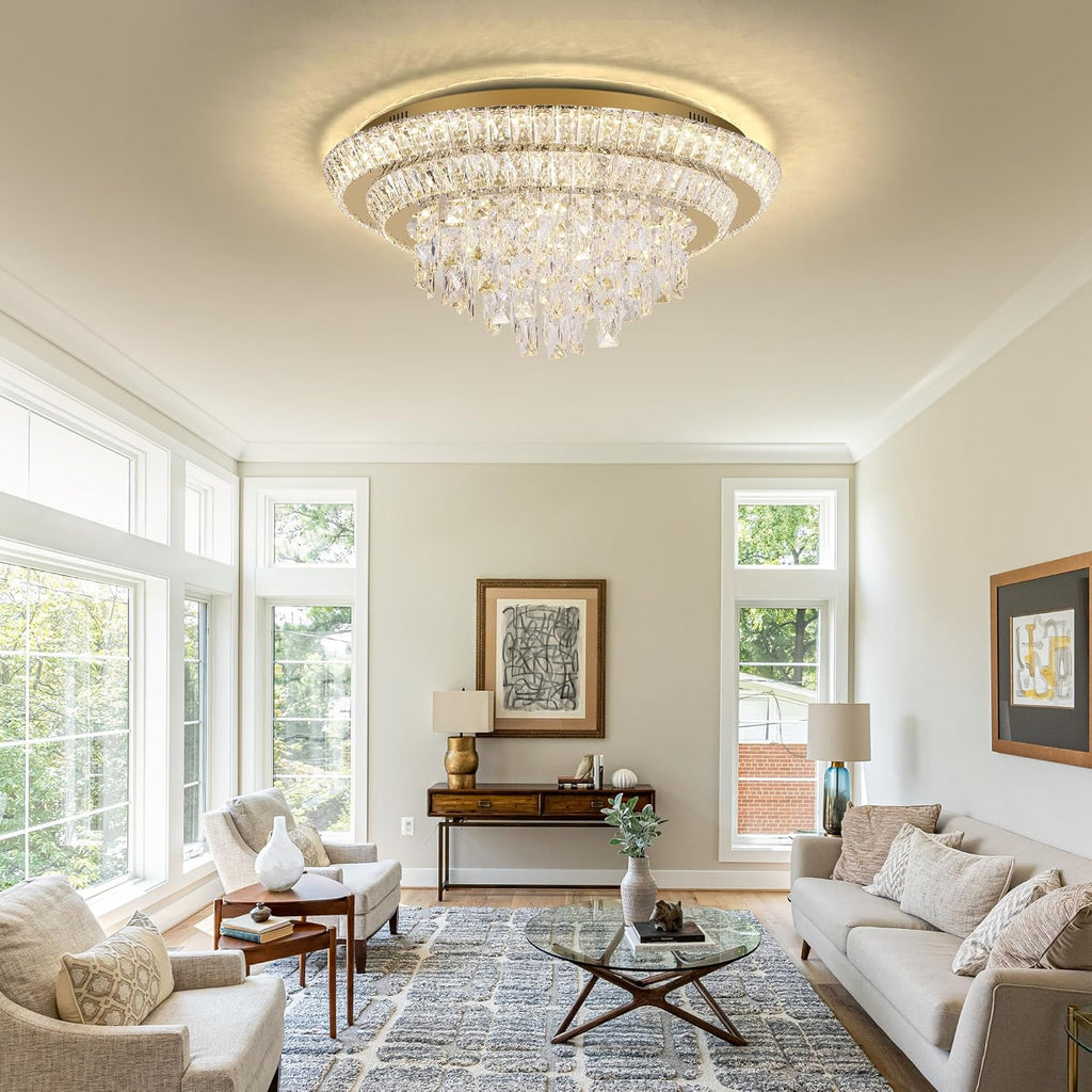 24 inch Flush Mount Crystal Chandelierse with Remote and APP Gold, Modern Elegant LED Crystal Raindrop Ceiling Light