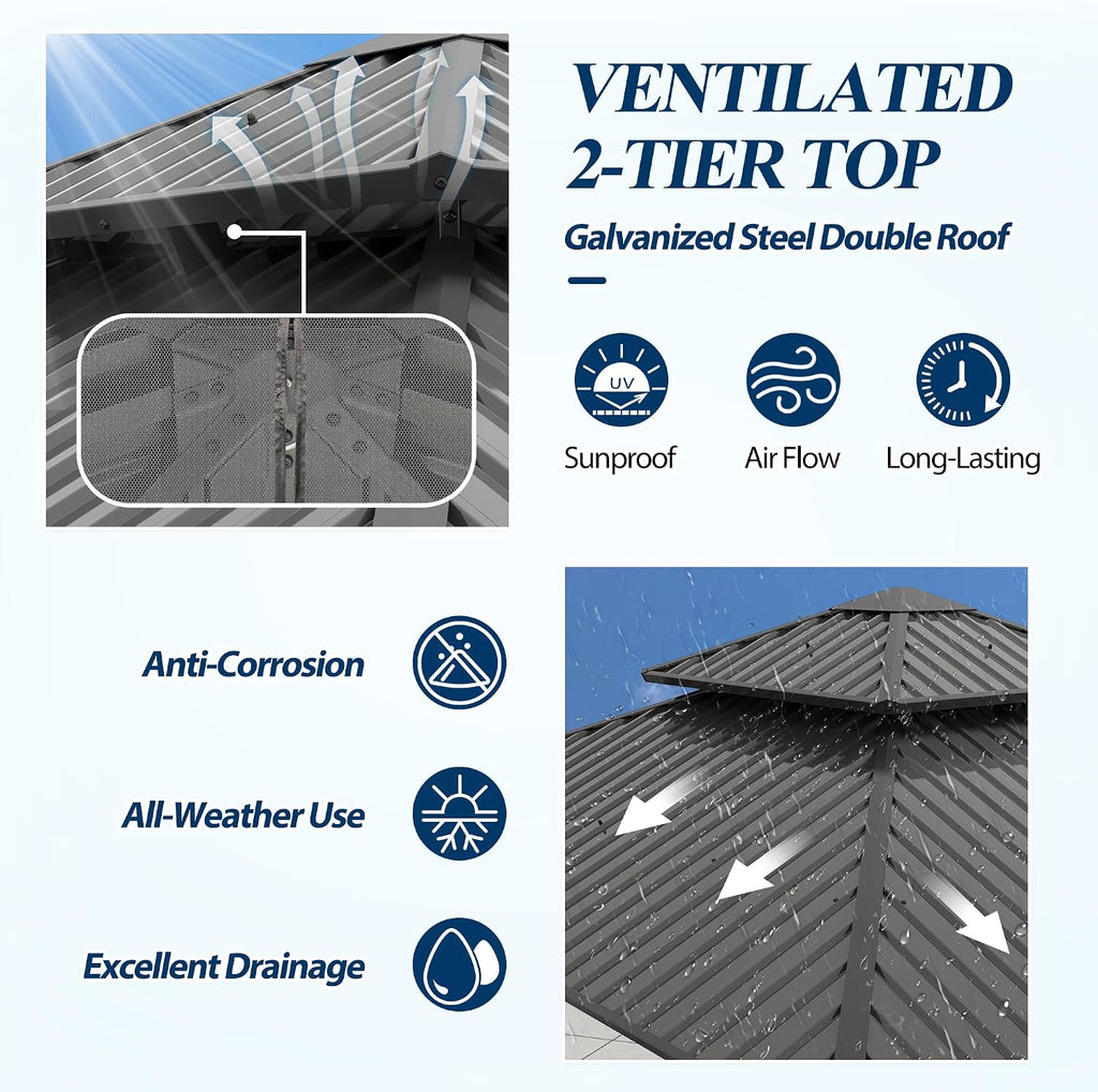 8.5' x 8.5' Outdoor Hardtop Gazebo - Aluminum Heavy-Duty Double Roof Vented Gazebo with Breathable Netting & Privacy