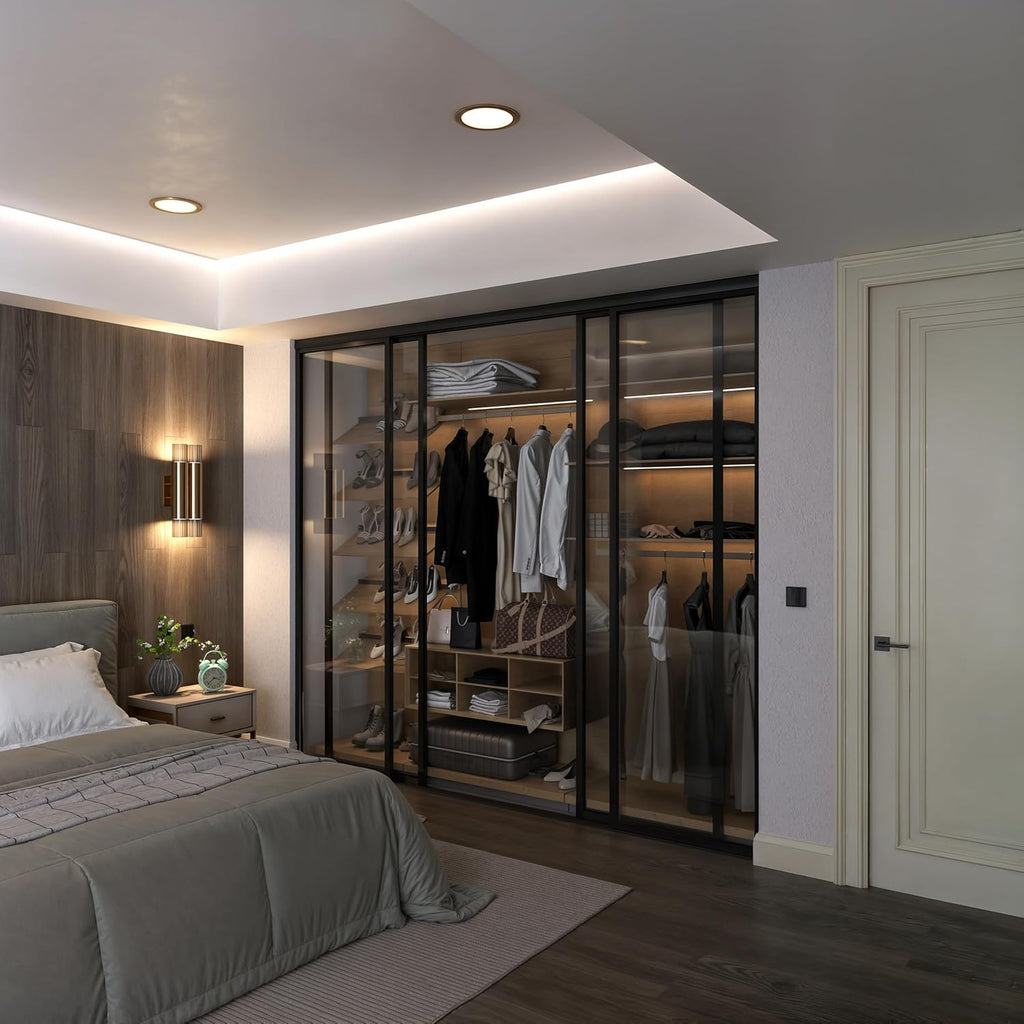 Door55 4 Panel Glass Sliding Closet Doors with Aluminum Frame, Silent Glide Technology, Bedroom Clos