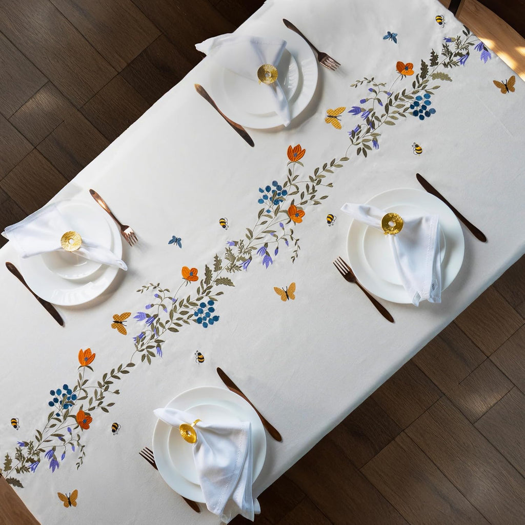 Embroidered Cotton Tablecloth 60 x 90 Inch Rectangle - Washable & Colorfast Table Cover, Farmhouse, 