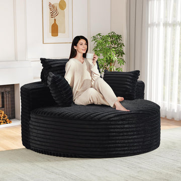 Oversized Round Chaise Longue Chair Indoor, Modern 55-inch Upholstered Corduroy Deep Seat Circle Single Cloud Lounge
