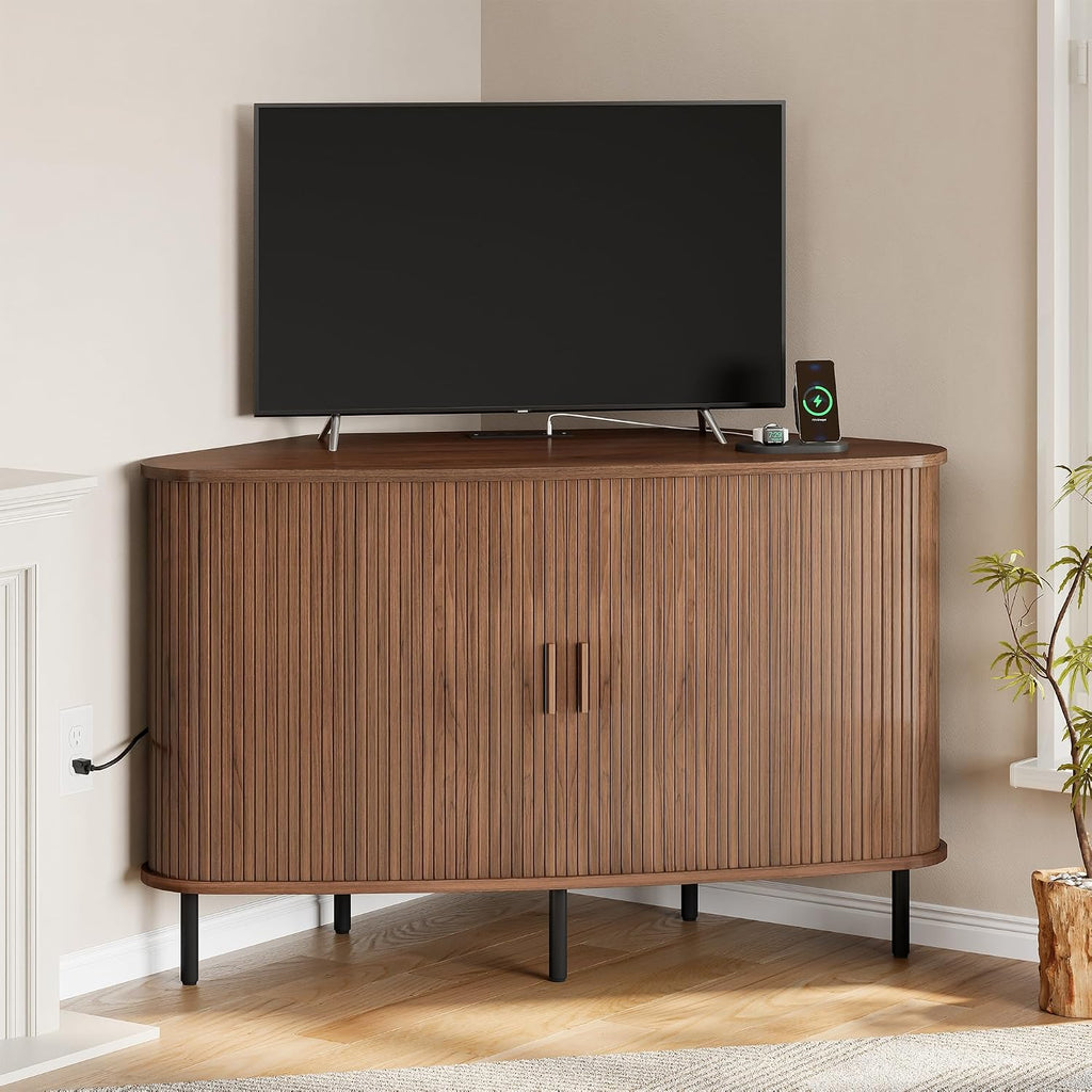 47" Corner TV Stand, Fluted TV Cabinet with Sliding Doors Fits up to 55 Inch TVs, Modern Corner Entertainment Center