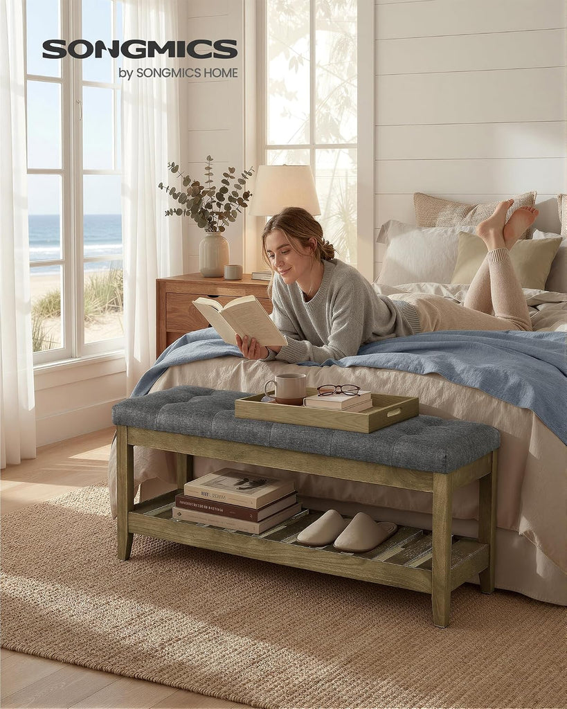 Entryway Storage Bench with Solid Wood Frame, Console Table with Storage, Sofa Table, Ottoman with Tufted Cushion