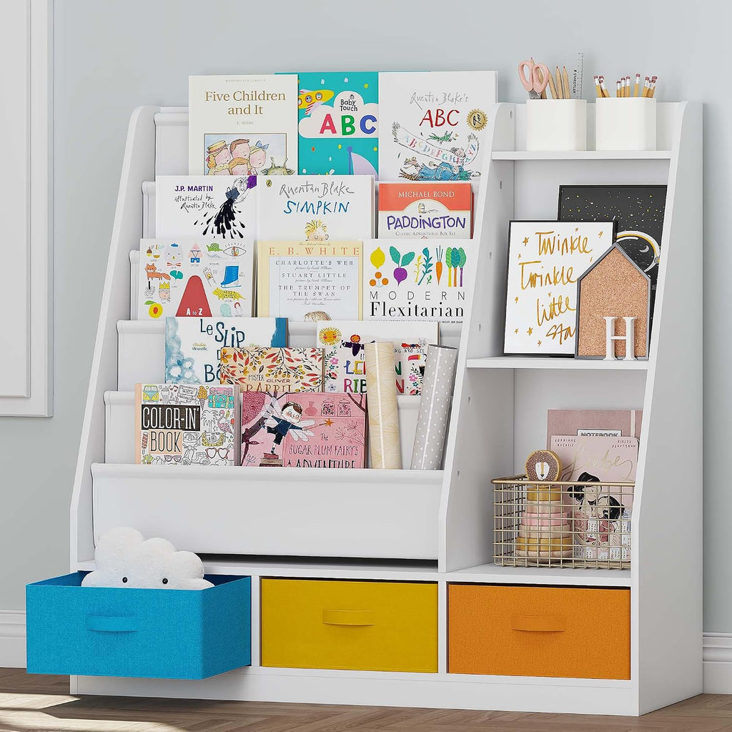 5-Tier Kids Sling Bookshelf with Storage Bins, Wood Children Bookcase, Toddler Montessori Book Shelf for Kids Room