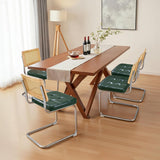 Modern Dining Chairs Set of 2, Faux Leather Upholstered Dining Room Chairs with Cane Rattan Back and Metal Legs, Boho Kitchen Chairs, Green