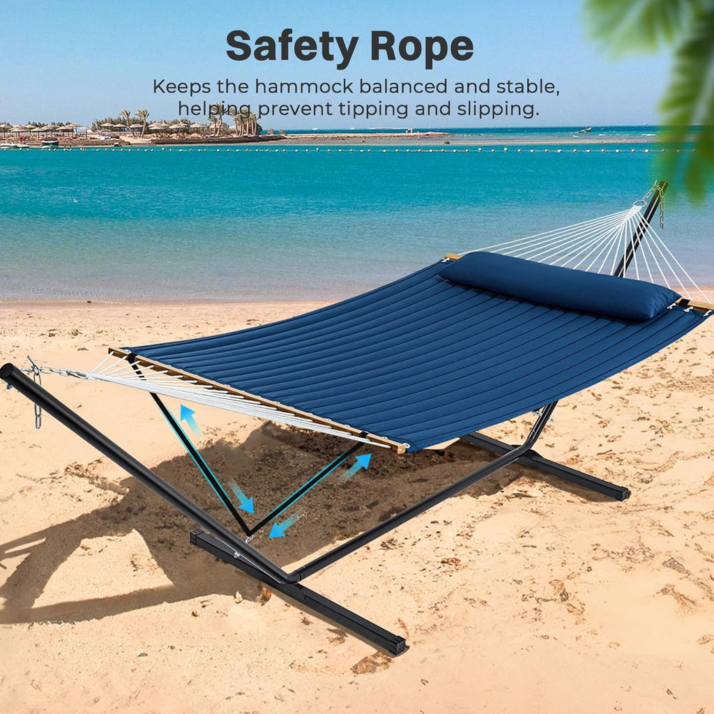 Hammock with Stand, 2 Person Quilted Outdoor Hammock, Detachable Pillow & Bamboo Spreaders, Portable Hammock with