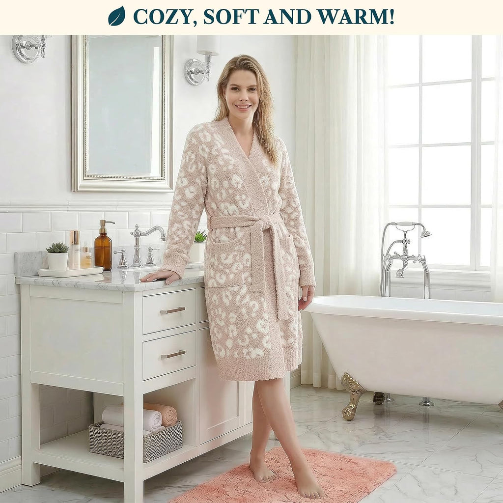 Premium Plush Robe for Women, Soft Cozy Fuzzy Bathrobe with Pockets, Warm Mid-Length Lounge Robe with Tie Belt