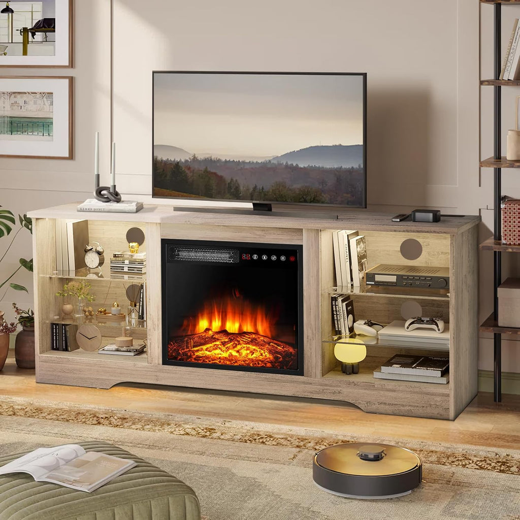 Fireplace TV Stand for TVs up to 65 Inches, Modern Entertainment Center with Built-In Electric Fireplace Heater and Adjustable Glass Shelves, Grey