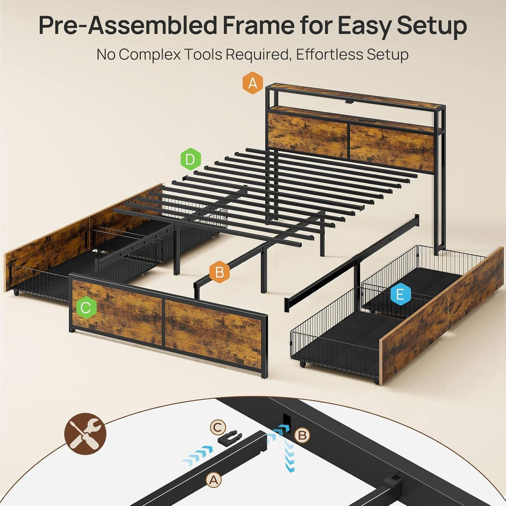 Full Bed Frame with 4 Storage Drawers, Charging Station and LED Lights