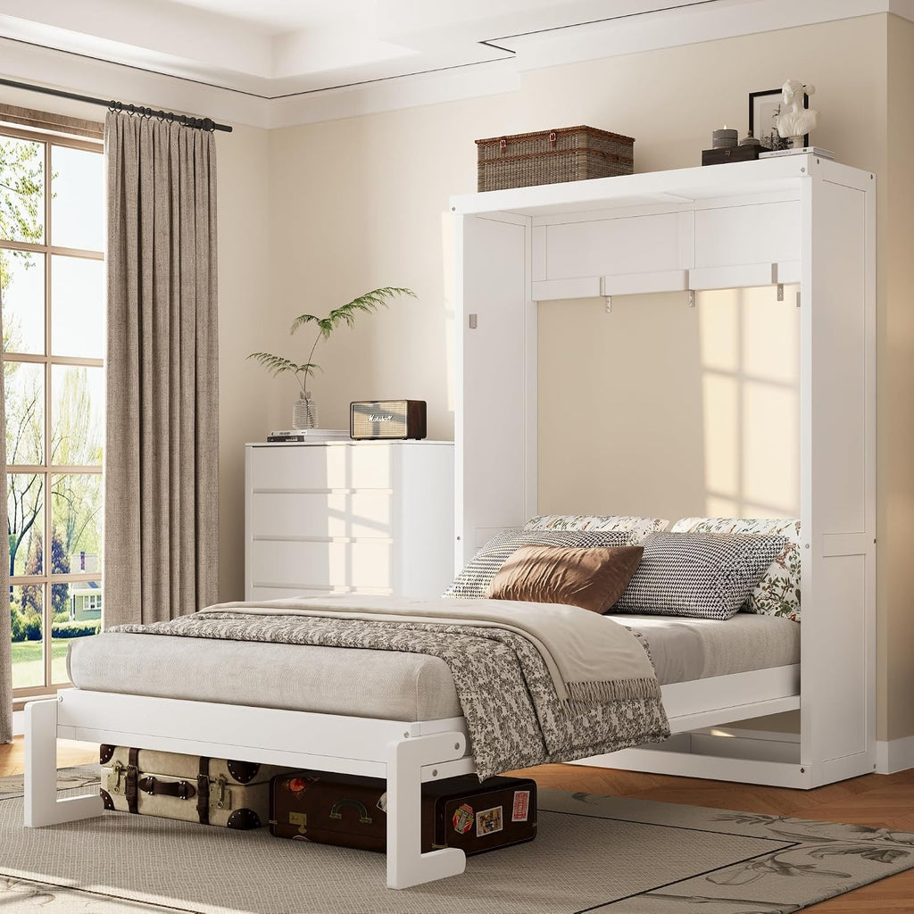 Twin Farmhouse Murphy Bed,Solid Wood Folding Vertical Murphy Wall Bed Cabinet for Bedroom Office,Space-Saving