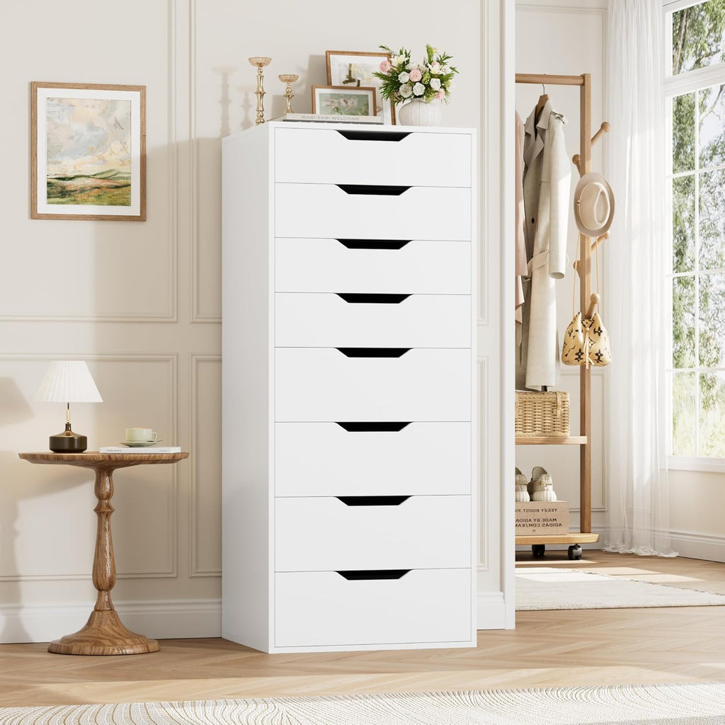 Tall White Dresser, 8 Drawer Dresser with Groove Handles, White Tall Dressers, Modern Chest of Drawers with Large