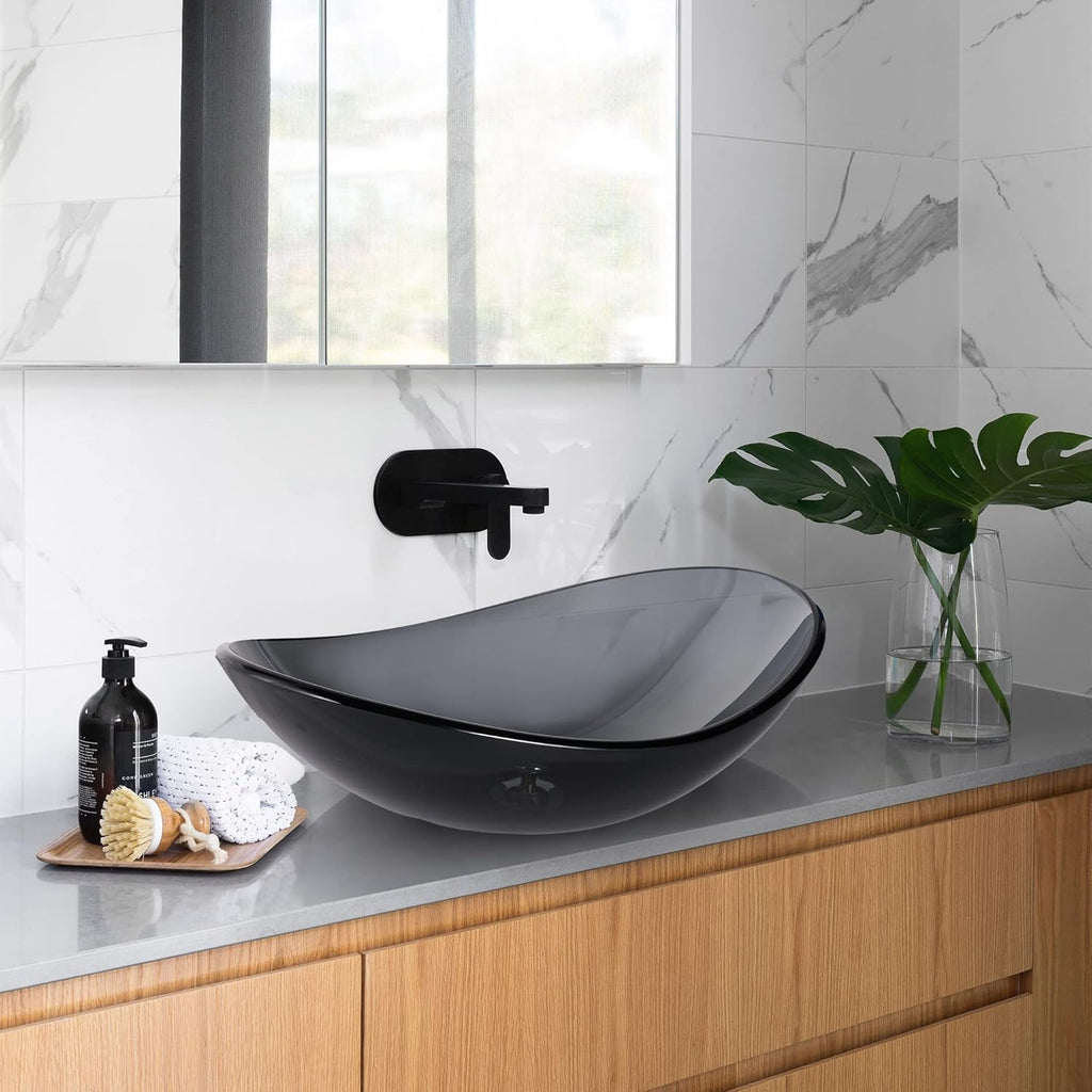 Tempered Glass Bathroom Vessel Sink Oval Vanity Above Counter Top Mount Basin Clear Grey Industrial Modern