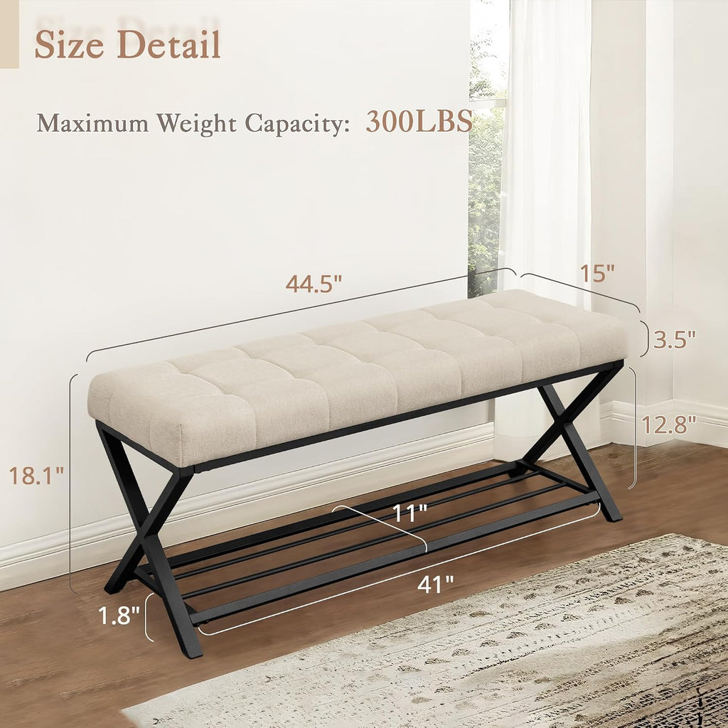 44.5" End of Bed Bench with Shelf, Linen Tufted Upholstered Storage Shoe Bench, Modern Bedroom Bench with Metal Legs
