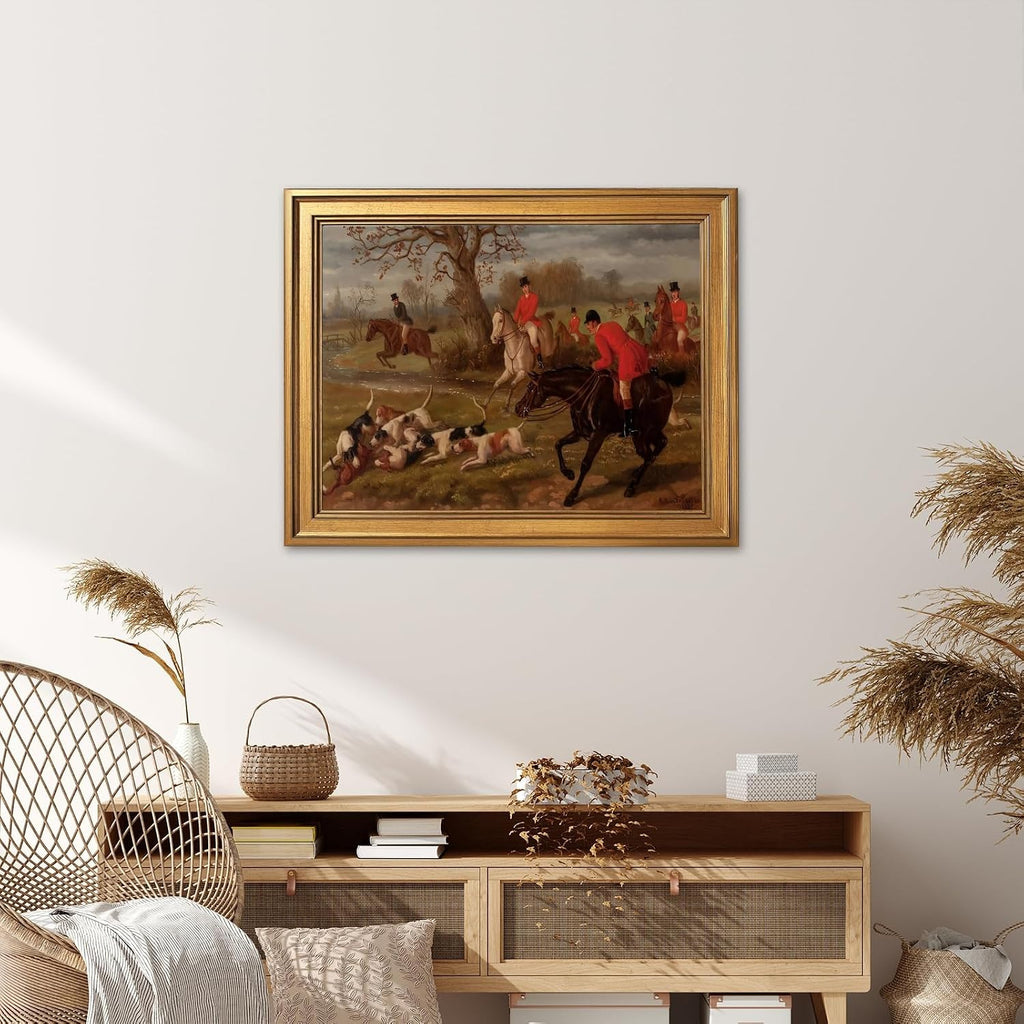 Gold Framed Vintage Equestrian Fox Hunting Wall Art Classic 19th Century Sports Oil Painting Reproduction Posters