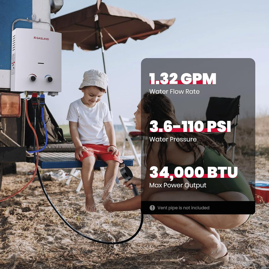 1.32 GPM Portable Gas Tankless Water Heater, Outdoor Propane Camping Water Heater, 5L, White, AS132