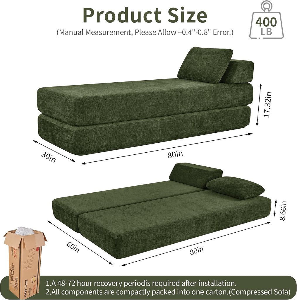 80" Convertible Daybed, Twin to Queen Size Sofa Bed , Green | Folding Chaise Lounge Chair Indoor, Sleeper Sofa with