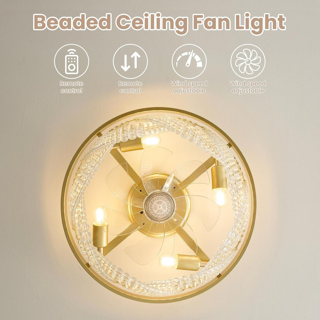 Crystal Caged Ceiling Fans with Lights Flush Mount, 20 inch Crystal Fandelier Ceiling Fan with Light and Remote