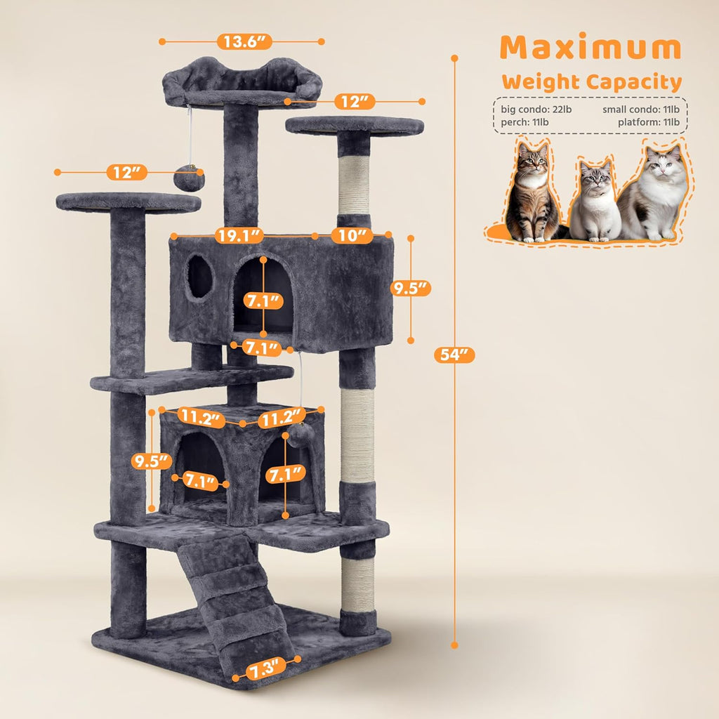 54in Cat Tree, Multi-Level Cat Tower with Spacious Kitten-ear Perch, 2 Cozy Caves, Scratching Posts, Climbing Ladder