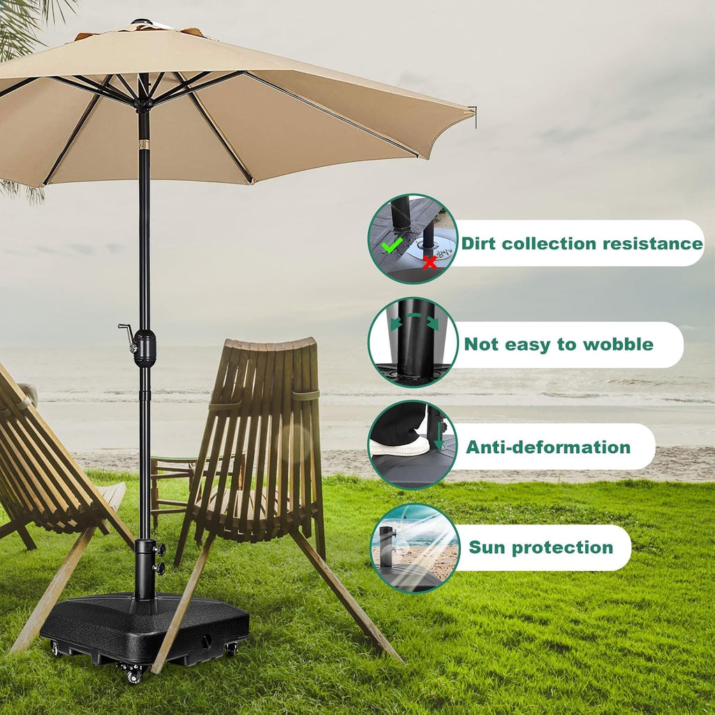 Patio Umbrella Base Heavy Duty with Wheels Square Market Stand 4 Locks 2 Knobs 125lb Capacity, Black