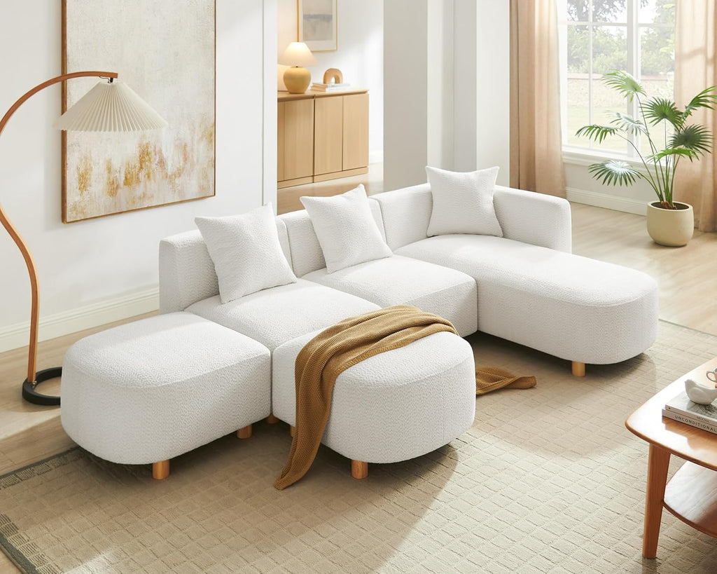 VANOMi 109.84" Modular Sectional Sofa with 3 Pillows, Convertible 5-Seater Comfy Boucle Cloud Couch with Ottoman