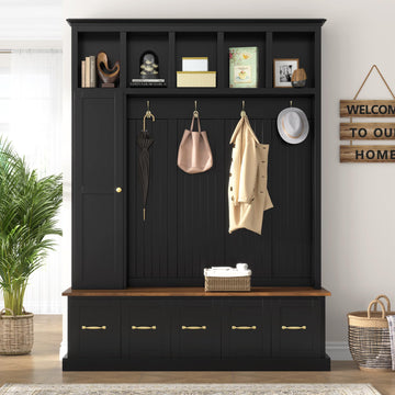 Hall Tree Wood Entryway Coat Rack with Shoe Bench, Hooks and Drawers (Antique Black)